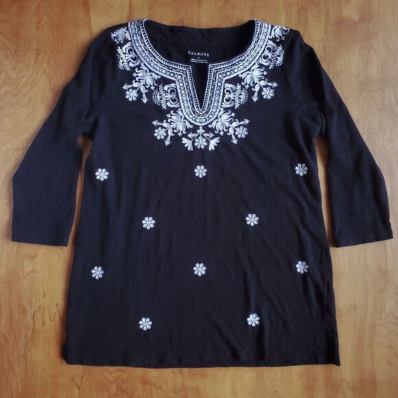 Talbots Embroidered Cotton Tunic Sz M Black 3/4 Sleeve Split Neck Boho Floral - Picture 4 of 8
